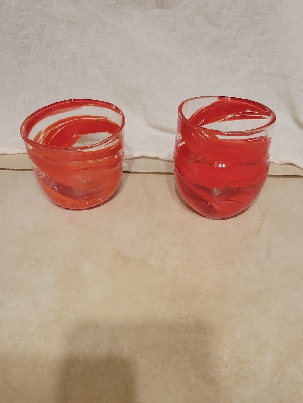Set Of 2 Handblown Decorayive Glass Red Swirl Cups Candle Holders
